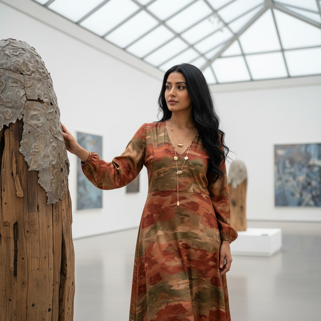 מודל אישה, שמלת מידי זורמת בגוון אדמה, משי, שרשרת עדינה; גלריה לאמנות מודרנית, אור טבעי מפוזר, אווירה רגועה ומלאת עניין.התמונה תכיל רק אדם אחד.