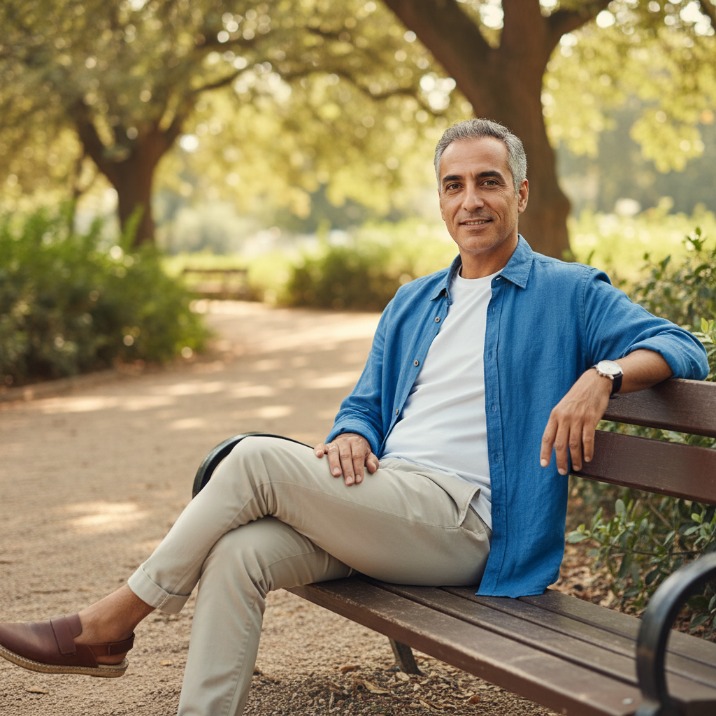 מודל גבר, חולצת כפתורים פתוחה על טי-שירט לבנה, מכנסי צ'ינו בהירים, שעון יד עדין; יושב על ספסל בפארק שטוף שמש, אור טבעי רך, אווירה נינוחה ומזמינה.התמונה תכיל רק אדם אחד.