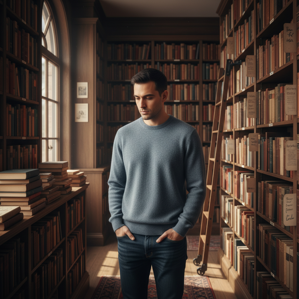 מודל גבר, סוודר קשמיר רך בצבע אפור-כחול, מכנסי ג'ינס כהים; עומד בין מדפים עמוסים בספרים בחנות ספרים וינטג', אור טבעי חמים, אווירה שקטה ומהורהרת.התמונה תכיל רק אדם אחד.