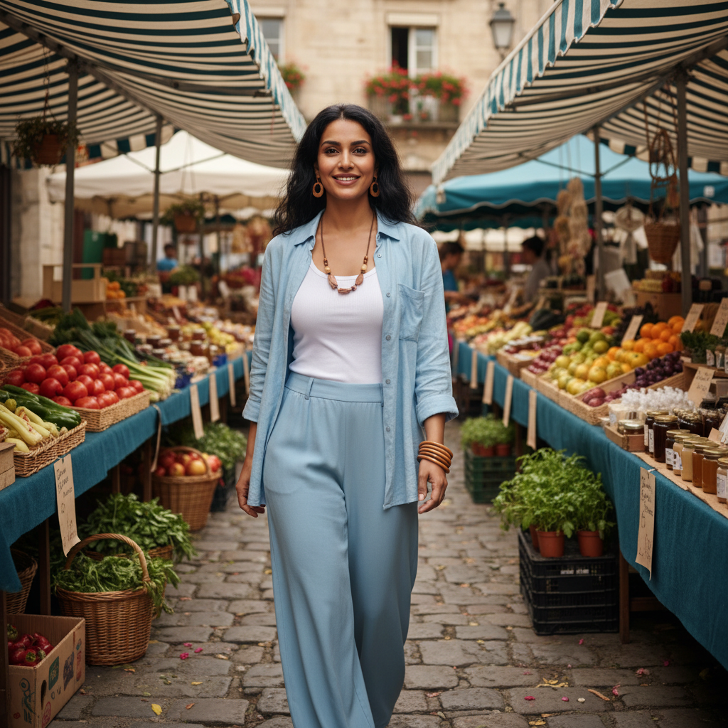 מודל אישה, חולצת פשתן מכופתרת פתוחה מעל גופייה לבנה, מכנסי קרפ תואמים בצבע תכלת, תכשיטי עץ עדינים; שוק איכרים פתוח ותוסס, אור שמש בהיר ומפוזר, אווירה קלילה ומלאת אנרגיה.התמונה תכיל רק אדם אחד.