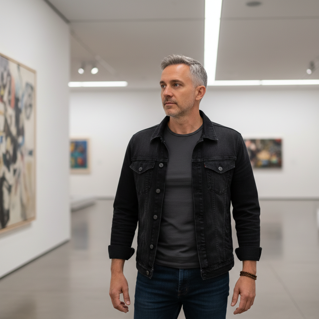 מודל גבר, ז'קט ג'ינס כהה על טי-שירט אפורה צמודה, ג'ינס כהים, צמיד עור עדין; עומד בגלריית אמנות מודרנית עם רקע מטושטש, תאורת גלריה אחידה, אווירה מהורהרת ואלגנטית.התמונה תכיל רק אדם אחד.