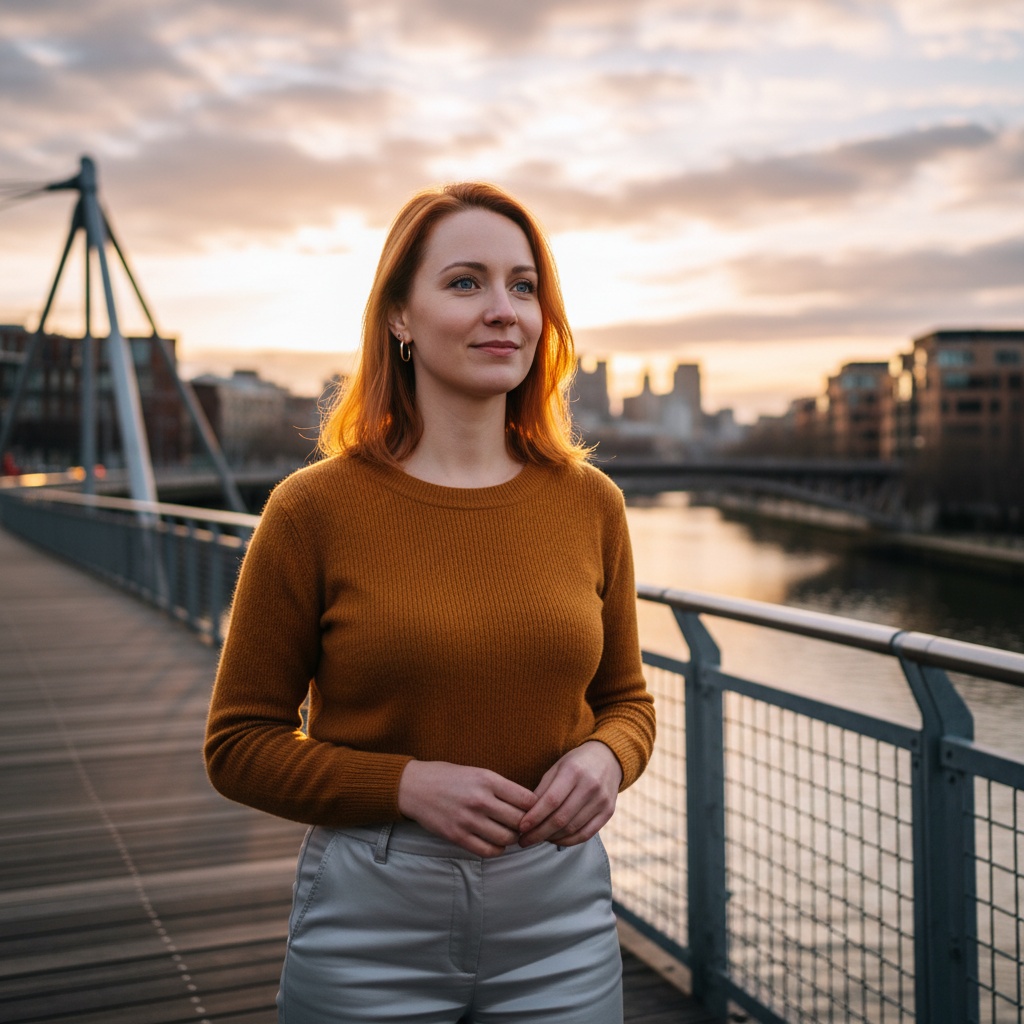 מודל אישה, סריג קשמיר חרדל, מכנסי פלטינום בהירים, עגילים מינימליסטיים, על גשר עירוני בשעת שקיעה, אור זהוב חמים, אווירה קלילה ומלאת תקווה.התמונה תכיל רק אדם אחד.