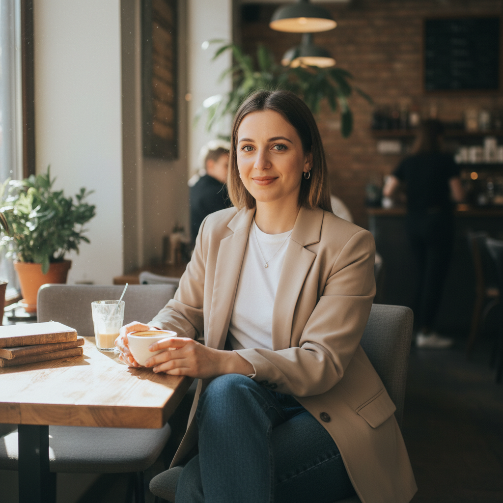 מודל אישה, בלייזר בהיר מעל חולצת טי בייסיק, ג'ינס כהה, תכשיט מינימלי, יושבת בבית קפה מואר היטב, אור טבעי רך, אווירה כנה ומזמינה.התמונה תכיל רק אדם אחד.