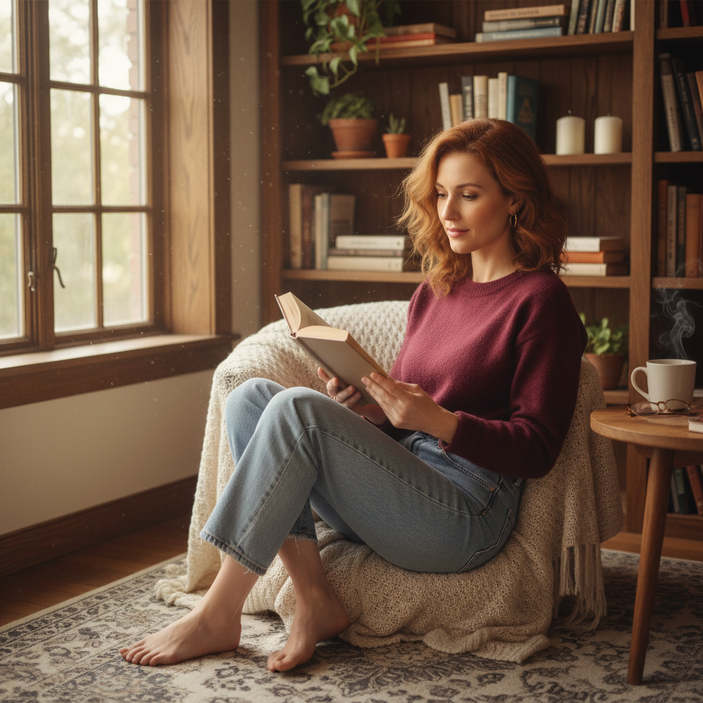 מודל אישה, סריג צמר דק בצבע בורגנדי, מכנסי ג'ינס בגזרה גבוהה, עגילים קטנים; פינת קריאה נעימה עם ספריות עץ, אור יום רך דרך חלון גדול, אווירה אינטימית ורגועה.התמונה תכיל רק אדם אחד.