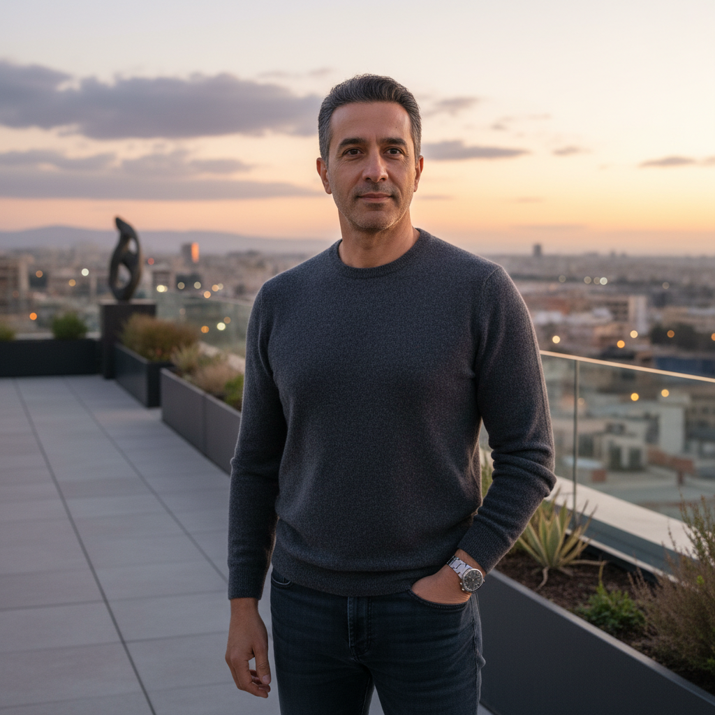 מודל גבר, סריג כהה בטקסטורת קשמיר עדינה, מכנסי ג'ינס כהים ומחוייטים, שעון כסוף מינימליסטי; עומד במרפסת גג אורבנית בשעת ערב מוקדמת, אור רך של שקיעה ואורות עיר ראשונים, אווירה מודרנית ורגועה.התמונה תכיל רק אדם אחד.