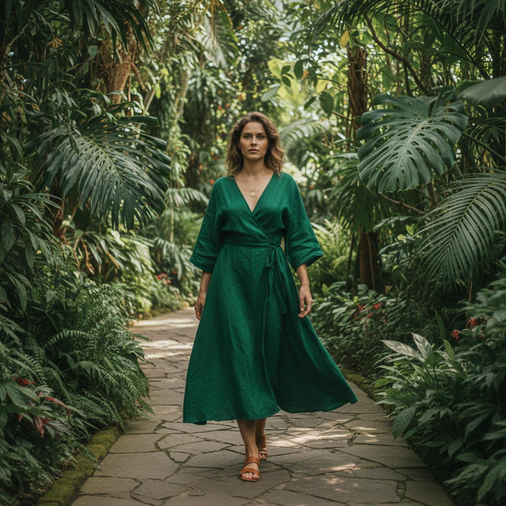 מודל אישה, סרפן פשתן אוורירי בצבע ירוק מרווה, סנדלים שטוחים עדינים, שרשרת עדינה; שביל מוקף צמחייה טרופית בגן בוטני, אור שמש מסונן דרך עלים, אווירה שלווה ורעננה.התמונה תכיל רק אדם אחד.
