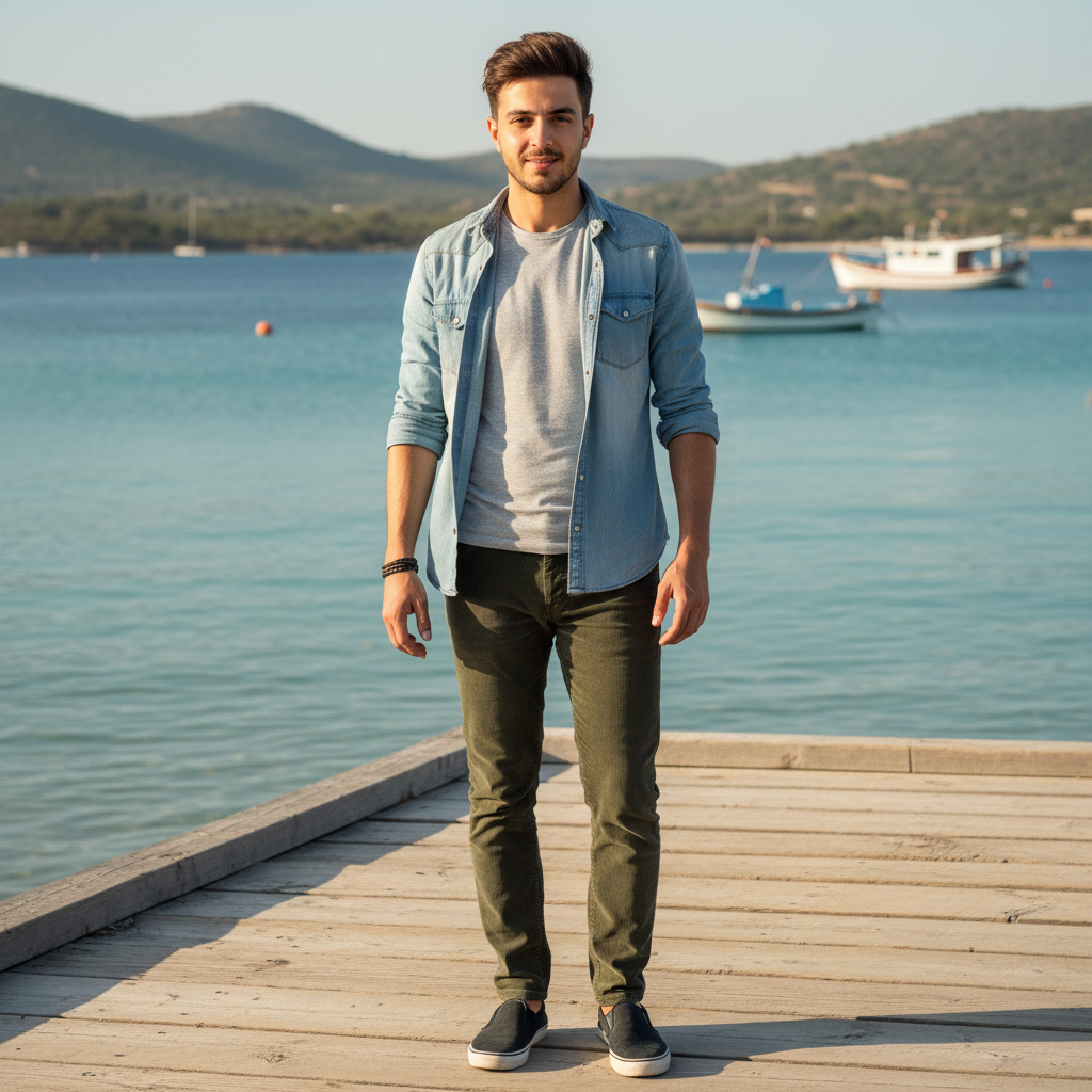 מודל גבר, לבוש חולצת ג'ינס בהירה פתוחה מעל טי-שירט אפורה בהירה, מכנסי קורדרוי ירוקים כהים, נעלי בד כהות, צמיד עור דק. עומד על טיילת עץ מול מפרץ שקט, מואר באור יום טבעי, אווירה נינוחה, פתוחה ומזמינה.התמונה תכיל רק אדם אחד.