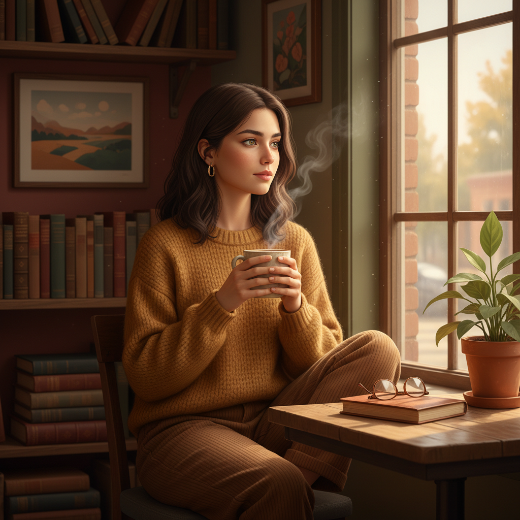 מודל אישה, לבושה בסוודר סריג רך בצבע חרדל, מכנסי קורדרוי חומים, עגילים קטנים. יושבת ליד חלון גדול בבית קפה נעים, מוארת באור יום רך, אווירה חמה ואינטלקטואלית.התמונה תכיל רק אדם אחד.