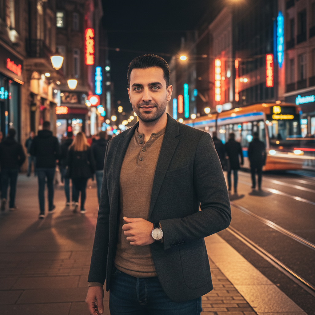 מודל גבר, לבוש סמארט-קז'ואל: ז'קט כהה מותאם, חולצת הנלי בצבע אדמה, ג'ינס כהים, שעון מינימליסטי. עומד ברחוב עירוני שוקק, מואר באורות ניאון חמים ואורות רחוב, אווירה דינמית ומזמינה.התמונה תכיל רק אדם אחד.