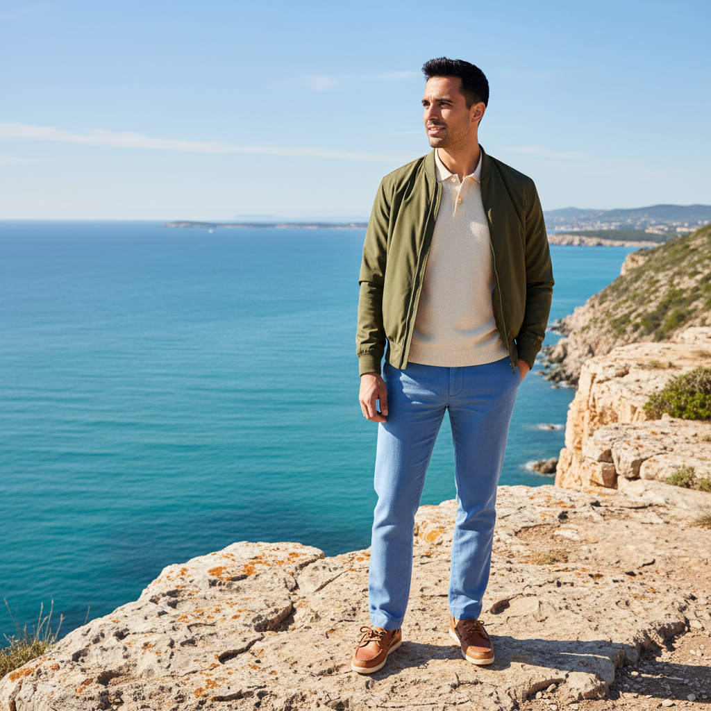 מודל גבר, ז'קט בומבר קז'ואל ירוק-זית, חולצת פולו קרם, מכנסי פשתן תכלת, נעלי סירה חומות בהירות. עומד על צוק סלעי המשקיף לים כחול-טורקיז, מואר באור שמש טבעי בהיר, אווירה רעננה, הרפתקנית ומושכת.התמונה תכיל רק אדם אחד.