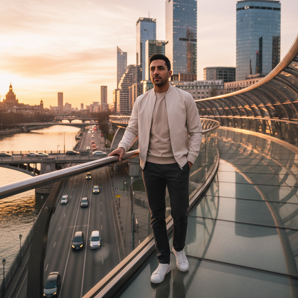 מודל גבר, לבוש ג'קט בומבר בהיר מעל חולצת טי איכותית בצבע אבן, מכנסי צ'ינו כהים, סניקרס לבנות נקיות. עומד על גשר להולכי רגל מעל נהר בעיר מודרנית, אור שקיעה עדין, אווירה אורבנית דינמית ומושכת.התמונה תכיל רק אדם אחד.