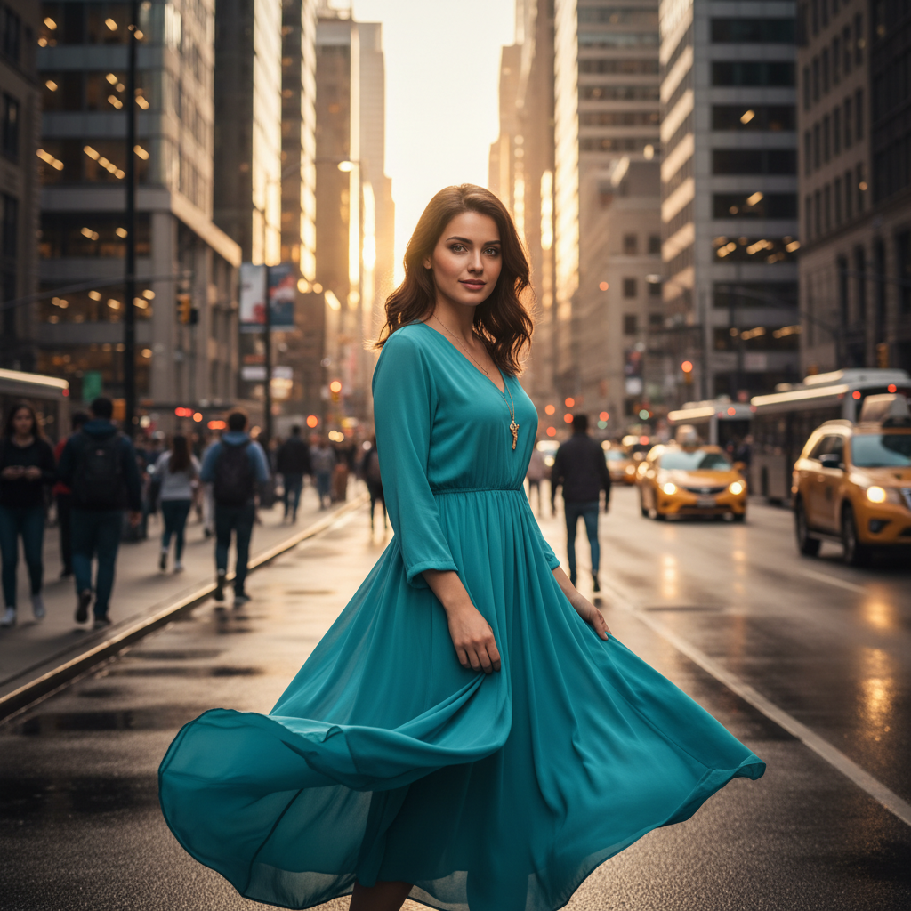 מודל אישה, לבושה בשמלת מידי זורמת בצבע טורקיז עשיר, עם שרשרת זהב עדינה. עומדת בלב רחוב עיר שוקק חיים עם ארכיטקטורה מודרנית ברקע, מוארת באור שקיעה חמים, אווירה אורבנית, אופטימית ומושכת.התמונה תכיל רק אדם אחד.