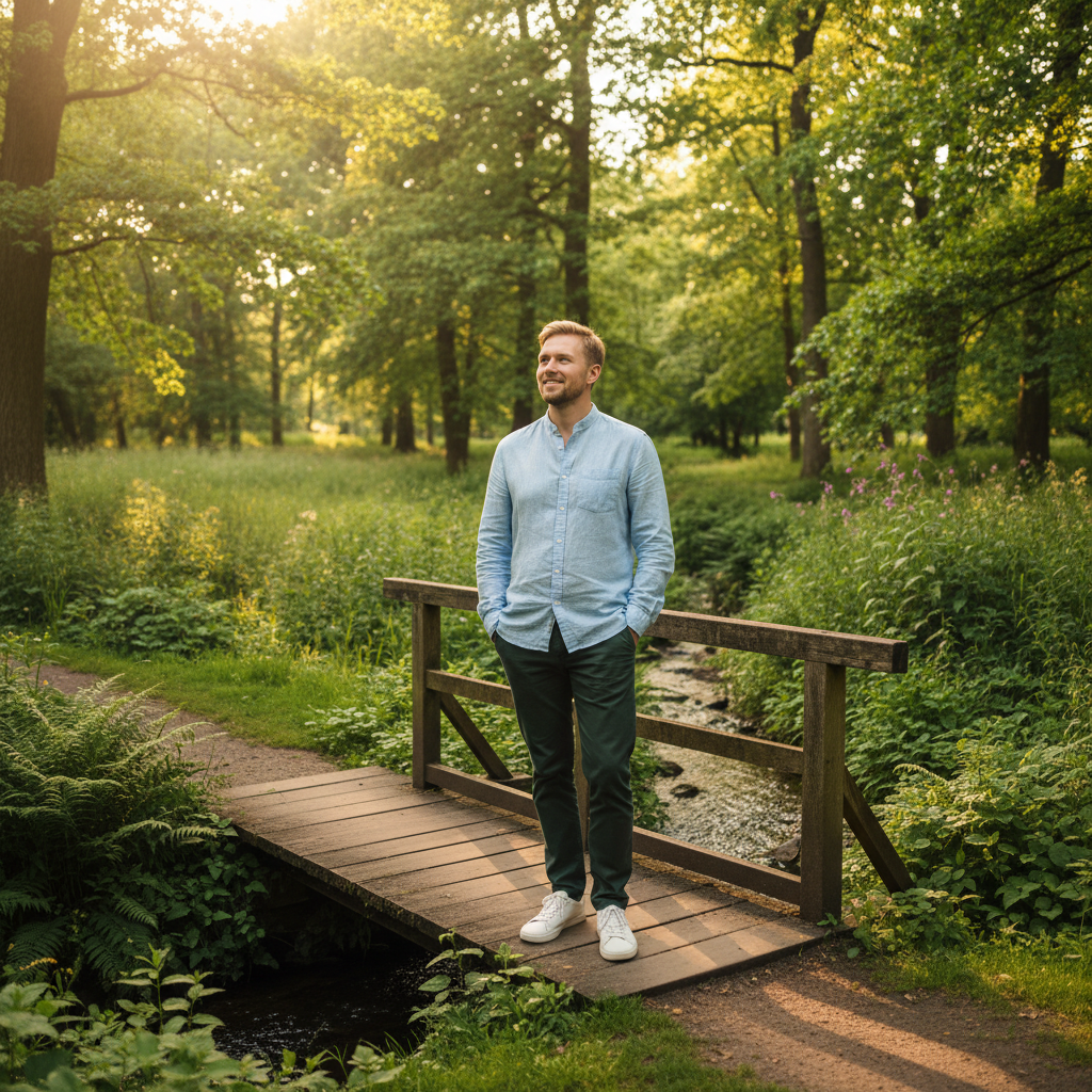 מודל גבר, לבוש סמארט-קז'ואל: חולצת כפתורים מבד פשתן בהיר בצבע תכלת, מכנסי צ'ינו ירוקים כהים, סניקרס לבנות פשוטות. עומד על גשר עץ בפארק ירוק ושופע, מואר באור שמש רך של אחר הצהריים, אווירה רגועה וטבעית.התמונה תכיל רק אדם אחד.
