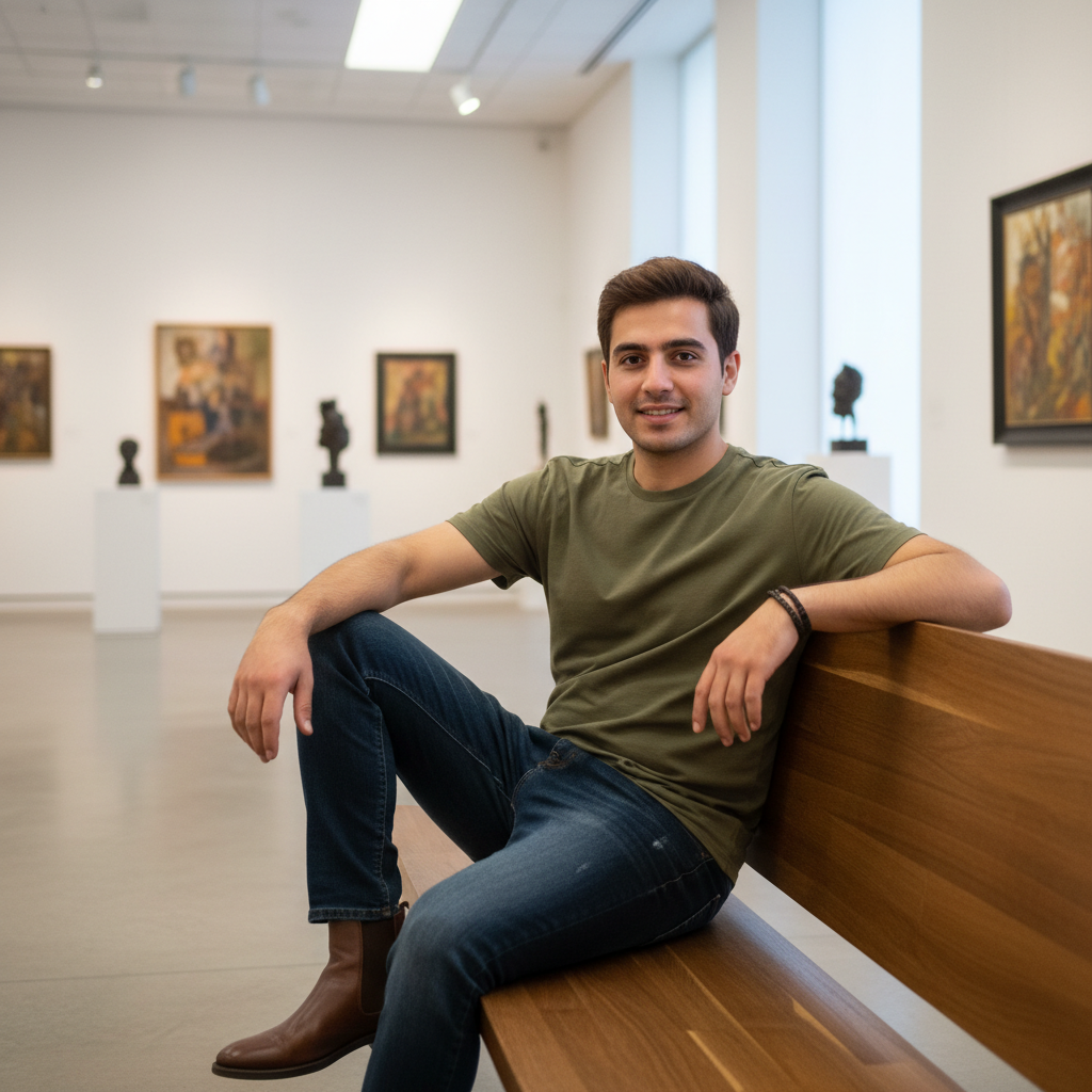 מודל גבר, לבוש קז'ואל מודרני: חולצת טי איכותית בצבע ירוק-זית, מכנסי ג'ינס כחולים כהים, מגפי צ'לסי חומים, צמיד עור. יושב נינוח על ספסל עץ בגלריית אמנות מוארת באור רך, אווירה יצירתית, כנה ומזמינה.התמונה תכיל רק אדם אחד.