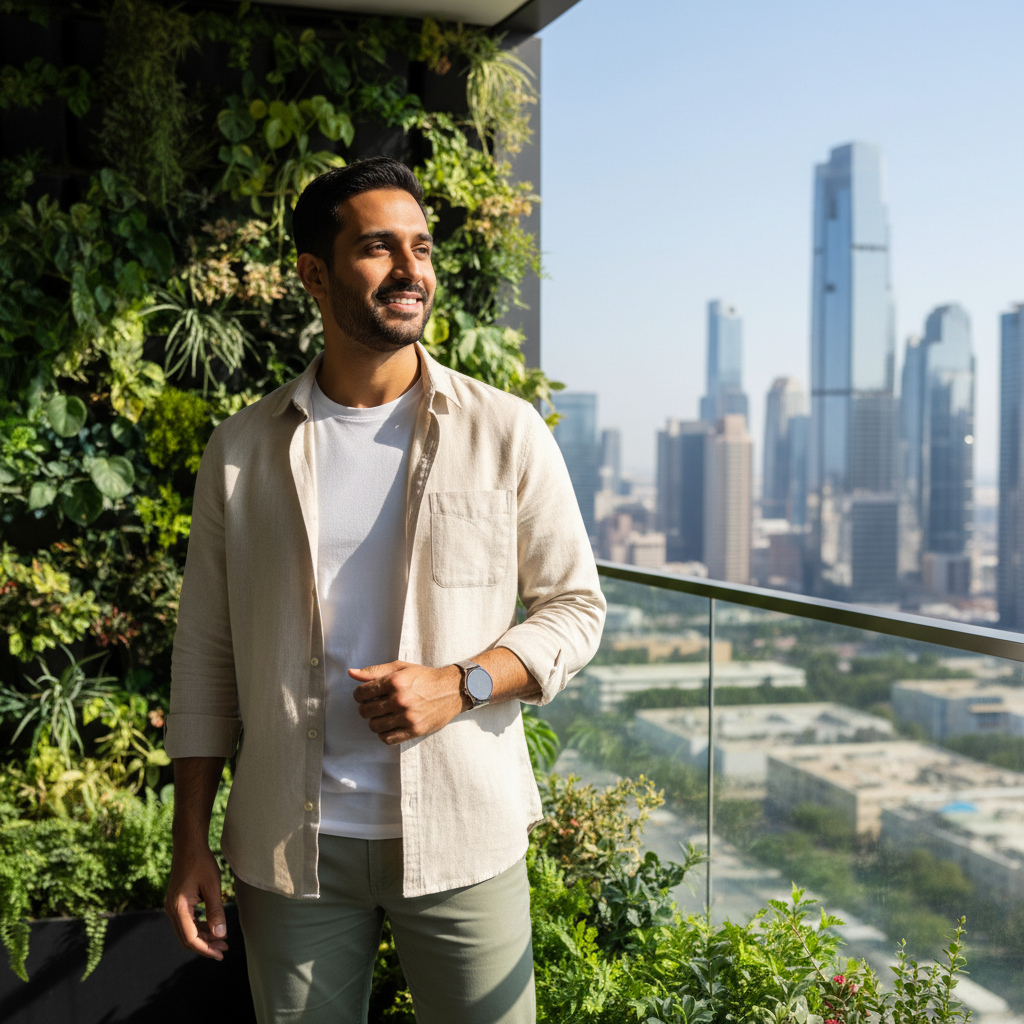 המודל, גבר, בלבוש קז'ואל-עסקי מודרני: חולצת פשתן בהירה פתוחה מעל טי-שירט לבנה, מכנסי צ'ינו בהירים, שעון מינימליסטי; על מרפסת עסקית ירוקה עם נוף אורבני ברור, תאורת יום טבעית, אווירה יזמית ואופטימית.התמונה תכיל רק אדם אחד.