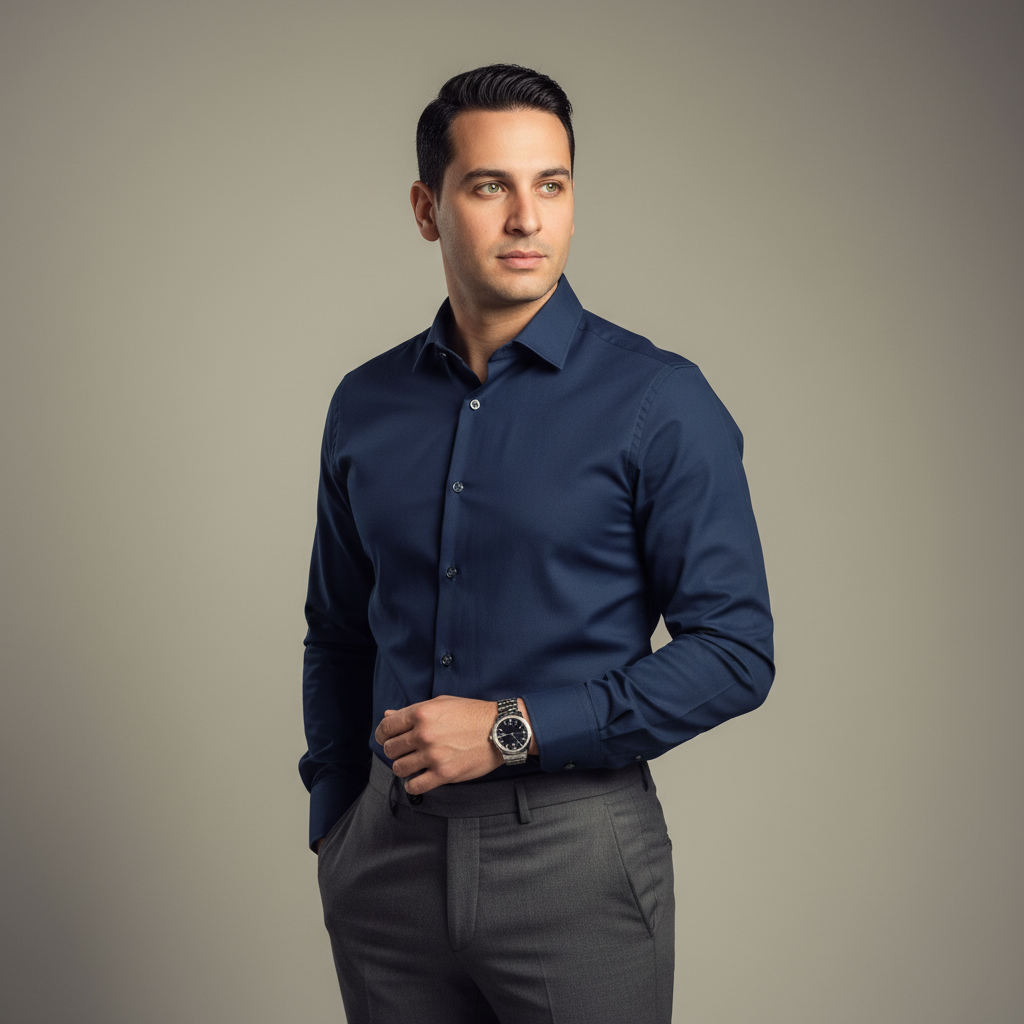 המודל, גבר, בלבוש אלגנטי-מינימליסטי: חולצת כפתורים כחולה כהה עם צווארון נקי, מכנסיים מחויטים אפורים, שעון דק; בסטודיו בהיר עם קיר חלק אפור-בז', תאורה רכה מפוזרת, אווירה ממוקדת ומתוחכמת.התמונה תכיל רק אדם אחד.
