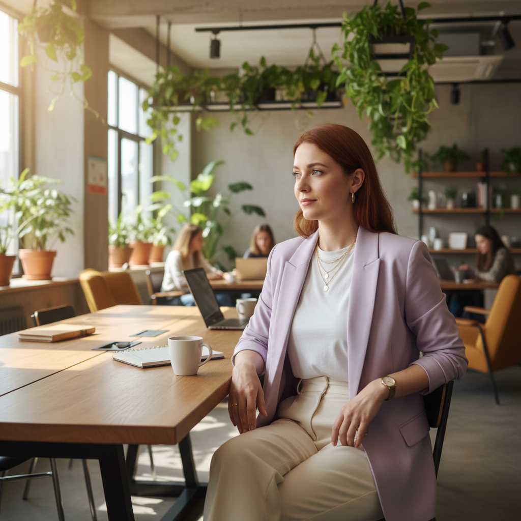 המודל, אישה, בלבוש עסקי-אופנתי: בלייזר בגוון פסטל, טי-שירט לבנה, מכנסיים רחבים בגזרה גבוהה, תכשיטי זהב עדינים; בחלל עבודה משותף עם צמחייה, תאורת יום רכה, אווירה יצירתית ומקצועית.התמונה תכיל רק אדם אחד.