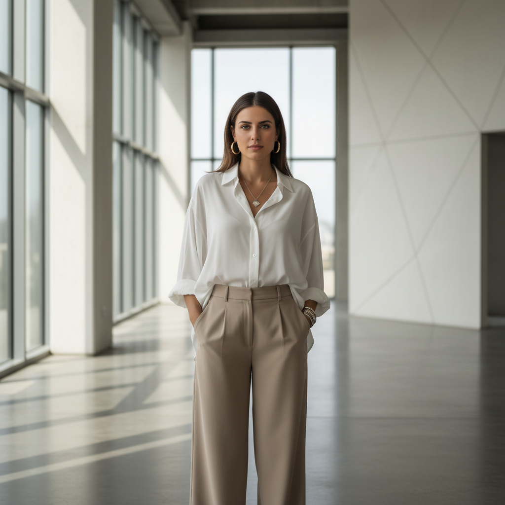 המודל, אישה, בחולצה לבנה מכופתרת אוברסייז ומכנסיים רחבים בגזרה גבוהה, אביזרים מינימליסטיים מטאליים, עומדת בחלל אדריכלי מודרני מרווח עם קווים נקיים, תאורה טבעית רכה, אווירה שלווה ועוצמתית.התמונה תכיל רק אדם אחד.