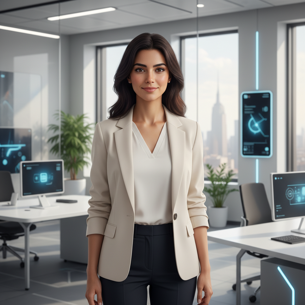 המודל, אישה, בלבוש עסקי-קז'ואל מודרני, בלייזר בהיר וחולצה מינימליסטית, ברקע משרד היי-טק נקי, תאורה טבעית רכה, אווירה מקצועית ואופטימית.התמונה תכיל רק אדם אחד.