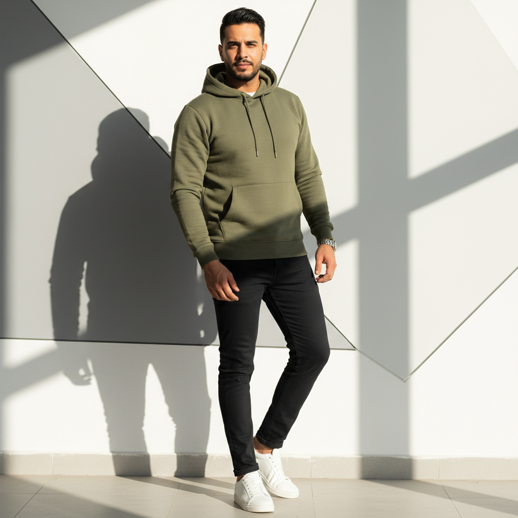 המודל, גבר, בלבוש קז'ואל טרנדי: קפוצ'ון מינימליסטי בגוון ירוק-זית, מכנסי צ'ינו כהים, סניקרס לבנות נקיות; על רקע קיר מודרני בהיר עם נגיעות עיצוב גיאומטריות, תאורה טבעית חזקה וצללים רכים, אווירה דינמית ואופנתית.התמונה תכיל רק אדם אחד.