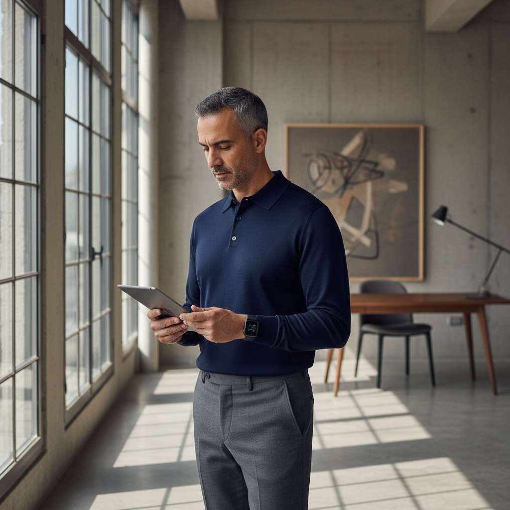 המודל, גבר, בלבוש עסקי-מינימליסטי: חולצת פולו כהה מבד איכותי, מכנסי צ'ינו ישרים, שעון חכם, בתוך לופט מודרני עם קירות בטון חשוף וחלונות ענק, תאורת יום בהירה, אווירה אלגנטית וממוקדת.התמונה תכיל רק אדם אחד.
