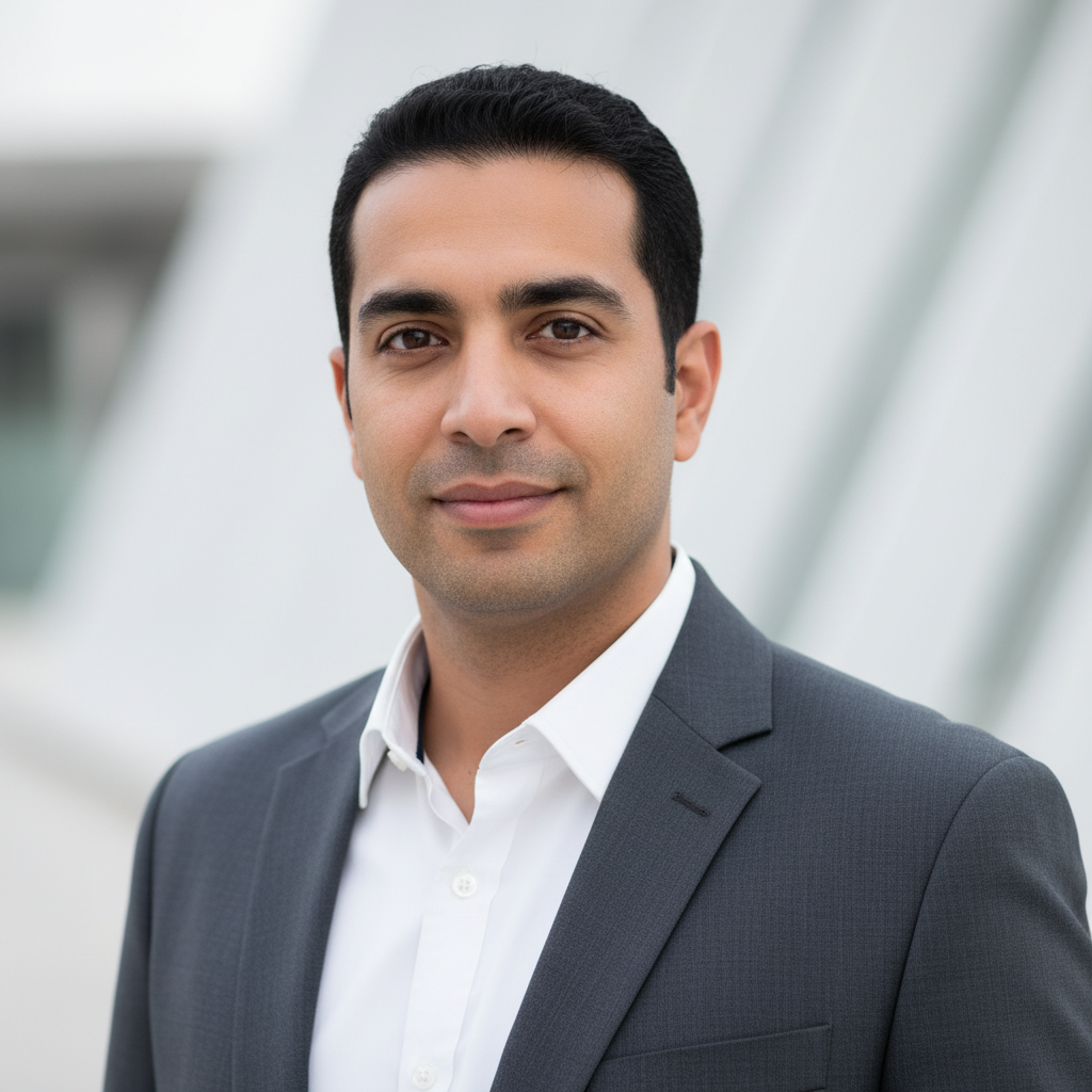 מודל (גבר), פורטרט מקצועי, הבעה בטוחה ונינוחה; לבוש בלייזר אפור פחם מחויט מעל חולצת כותנה לבנה עם צווארון פתוח; רקע אדריכלי מודרני מטושטש בגווני לבן-אפור בהירים; תאורה טבעית מרוככת מצידית, אווירה מקצועית ורגועה. התמונה תכיל רק אדם אחד.התמונה תכיל רק אדם אחד.