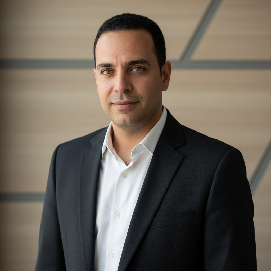 מודל גבר, פורטרט מקצועי, הבעה בטוחה ונינוחה, חיוך קל, לבוש חליפה כהה מחויטת מצמר, חולצה מכופתרת לבנה פתוחת צווארון, רקע מטושטש של קיר עץ בהיר עם נגיעות אפור, תאורה רכה מצידית, אווירה יוקרתית ומקצועית.התמונה תכיל רק אדם אחד.