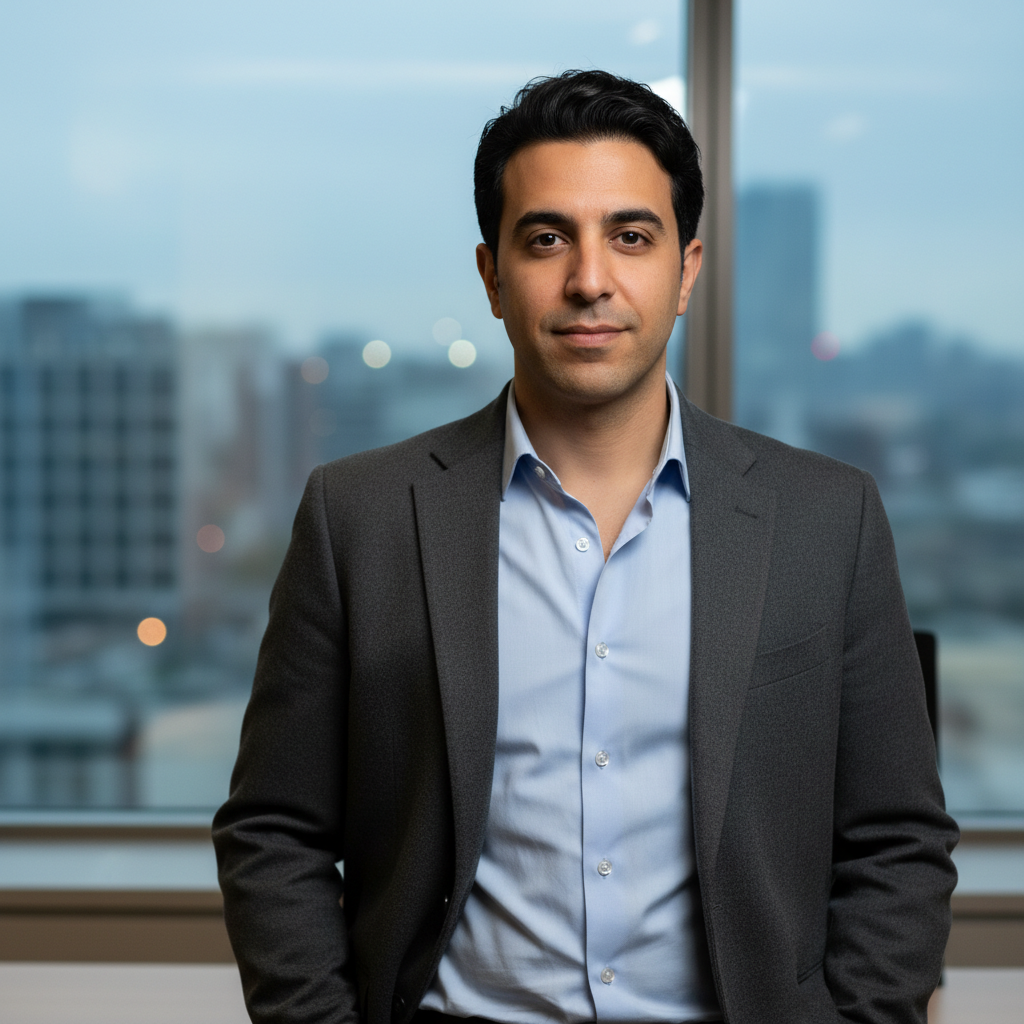 מודל גבר, הבעה רגועה ובטוחה; לבוש חולצת כפתורים כחולה בהירה, בלייזר אפור פחם פתוח; רקע מטושטש של חלון משרדי עם נוף עירוני מרוחק; תאורת יום טבעית ומפוזרת, אווירה מקצועית ונגישה.התמונה תכיל רק אדם אחד.