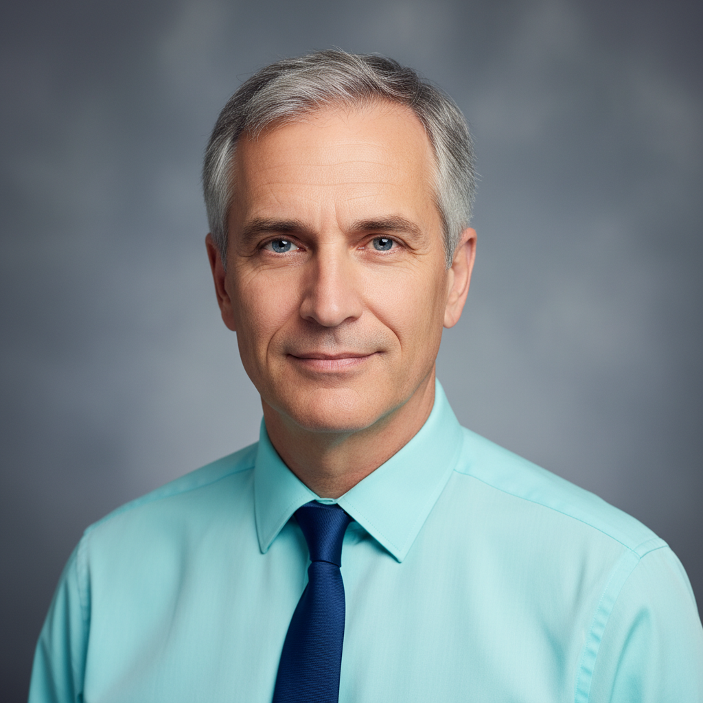 מודל גבר, פורטרט עסקי, הבעה רצינית ומזמינה; לבוש חולצה מכופתרת תכלת בהירה עם עניבה דקה כחולה-כהה; רקע סטודיו אפור-מדיום מטושטש; תאורת סטודיו מפוזרת ואחידה, אווירה רשמית ומהימנה.התמונה תכיל רק אדם אחד.