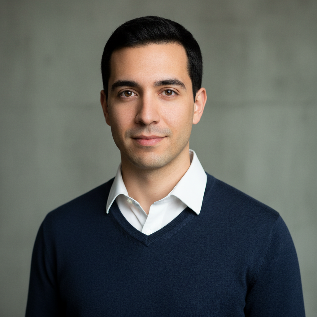 מודל (גבר), פורטרט מקצועי, הבעה בטוחה ונינוחה; לבוש סוודר דק בצבע כחול נייבי עשיר עם צווארון V, מתחתיו חולצת כותנה לבנה קלאסית, רקע אפור-ירקרק מטושטש עם טקסטורת קיר בטון עדינה, תאורת סטודיו מפוזרת היוצרת ניגודיות עדינה, אווירה מודרנית ומזמינה.התמונה תכיל רק אדם אחד.