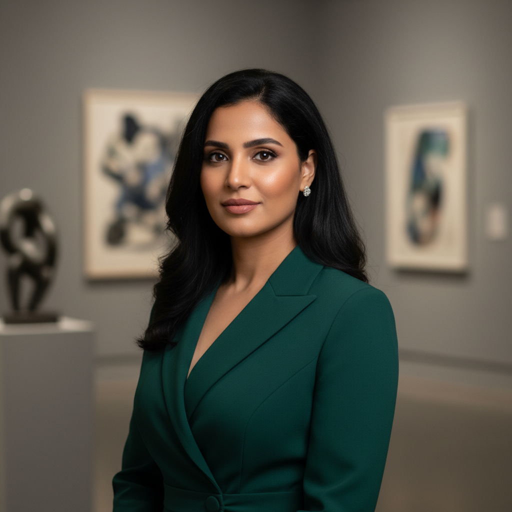 מודל (אישה), פורטרט מקצועי, הבעה בטוחה ונינוחה; לבושה שמלה מחויטת בגוון ירוק-אזמרגד כהה, ללא תכשיטים מסיחים; רקע גלריה אמנותית מודרנית מטושטש בגווני אפור-בז' בהירים, תאורה רכה מצידית, אווירה אלגנטית ומתוחכמת.התמונה תכיל רק אדם אחד.