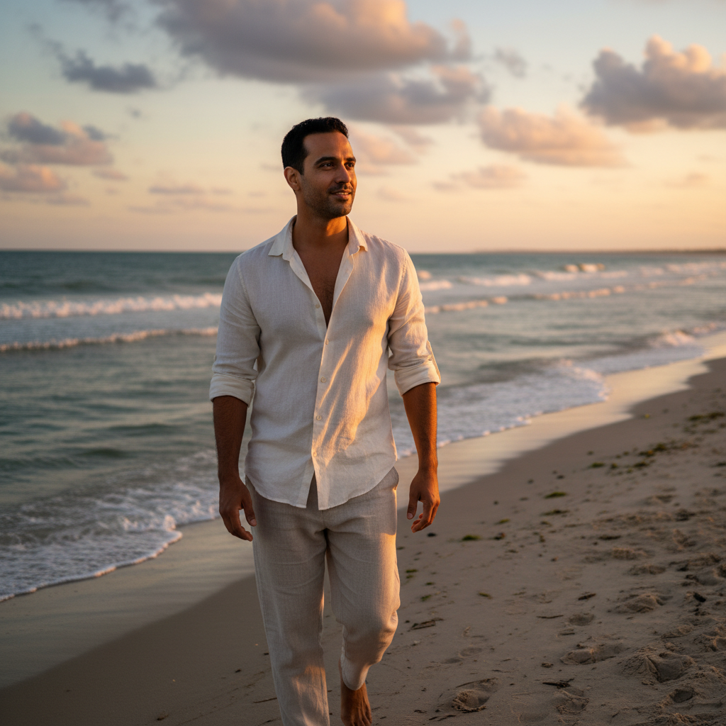 מודל גבר, לבוש קז'ואל-רומנטי בחולצה פתוחה בהירה ובמכנסי פשתן רפויים, צועד בחוף ים פתוח, אור טבעי רך בשעת שקיעה, אווירה נינוחה ואותנטית.התמונה תכיל רק אדם אחד.