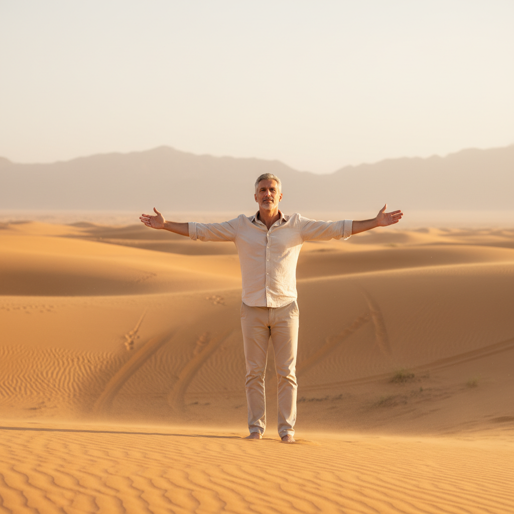 מודל גבר, לבוש חולצת כפתורים קלילה בצבע חול ומכנסי צ'ינו בהירים, עומד בנוף מדבר זהוב ורחב ידיים, אור שמש רך של אחר הצהריים, אווירה שלווה ומרחפת.התמונה תכיל רק אדם אחד.