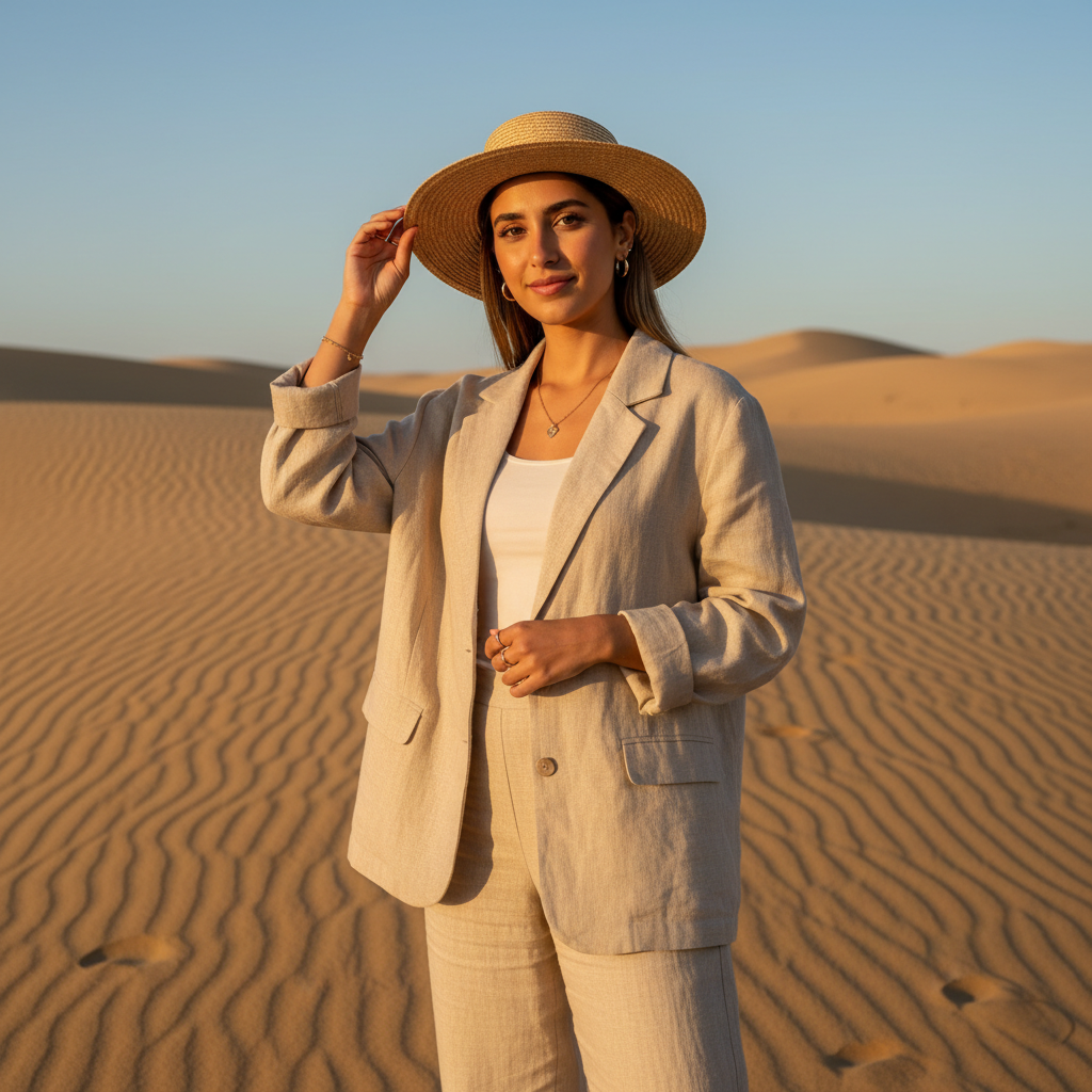 מודל אישה, לבושה חליפת פשתן קלילה בגוון חול, תכשיטי זהב עדינים, במדבר זהוב פתוח, תאורת שמש חמה של אחר הצהריים, אווירה הרפתקנית ורגועה.התמונה תכיל רק אדם אחד.