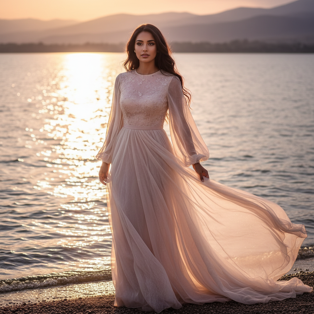 מודל אישה, בשמלה קלילה וזורמת בגוון פודרה, טקסטורת שיפון עדינה, על רקע אגם מנצנץ, אור שקיעה רך ומחמיא, אווירה רומנטית ושלווה.התמונה תכיל רק אדם אחד.