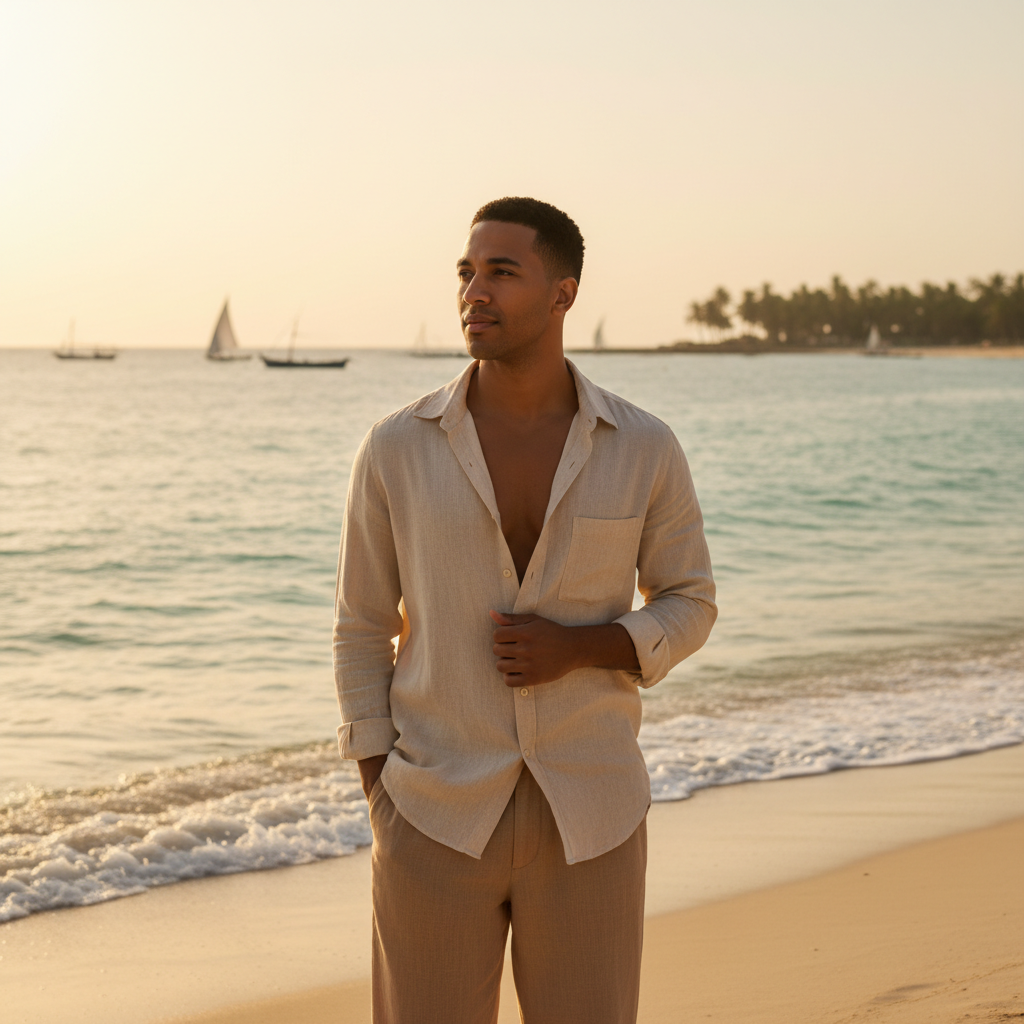 מודל גבר, לבוש חולצת פשתן בהירה פתוחה ומכנסיים קלילים בגווני אדמה, על רקע חוף ים שקט, אור שמש זהוב של אחר הצהריים, אווירה שלווה ואלגנטית.התמונה תכיל רק אדם אחד.