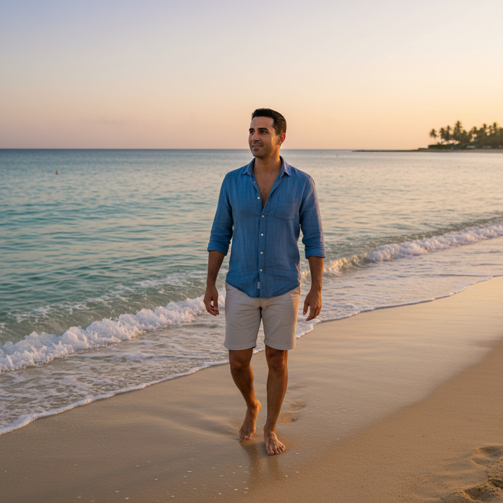 מודל גבר, חולצת פשתן כחולה פתוחה, מכנסי ברמודה בהירים, חוף ים חולי, גלים שקטים, אור שקיעה רך, אווירה שלווה ומרעננת.התמונה תכיל רק אדם אחד.