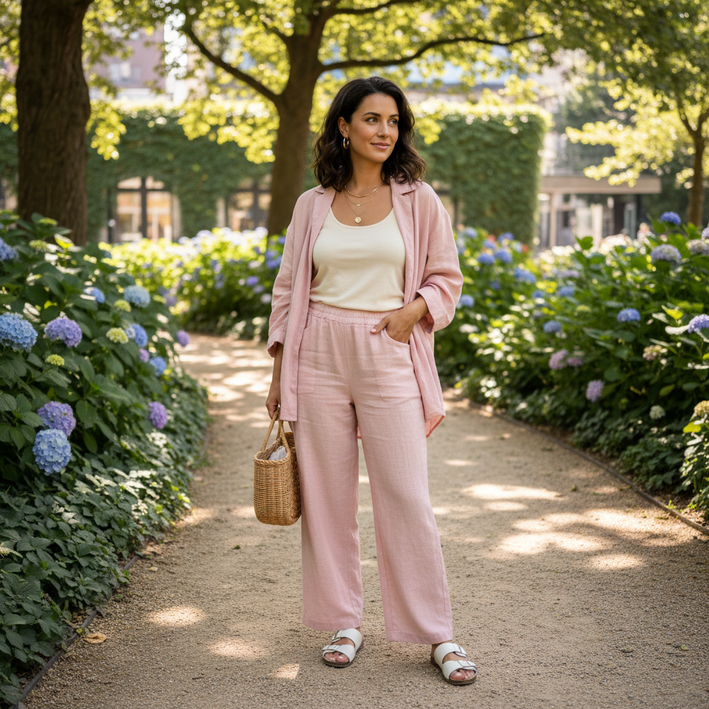 מודל אישה, לבושה סט קז'ואל מודרני (מכנסיים רחבים, גופייה), גווני פסטל רכים, טקסטורת פשתן, בפארק אורבני ירוק, אור יום צלול, אווירה אופנתית ונינוחה.התמונה תכיל רק אדם אחד.