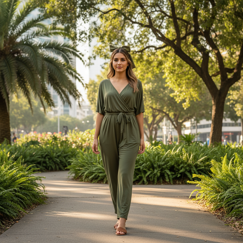 מודל אישה, לבושה סרבל קז'ואל אלגנטי בצבע ירוק-זית, טקסטורת ויסקוזה רכה, עם סנדלים שטוחים וקשת לשיער, צועדת בפארק אורבני ירוק, אור טבעי נעים של בוקר, אווירה נינוחה ואופנתית.התמונה תכיל רק אדם אחד.