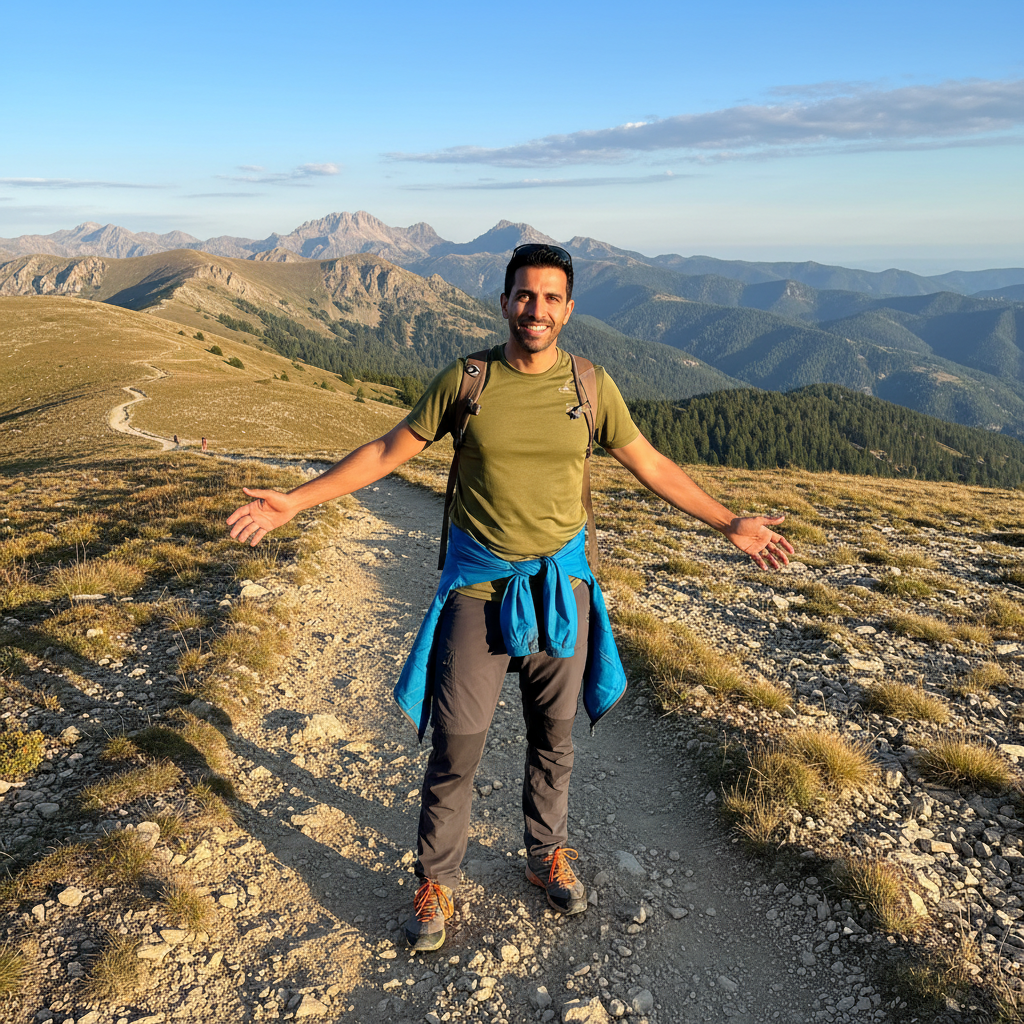 מודל גבר, לבוש ספורטיבי-הרפתקני בחולצת טי נושמת ומכנסי טיולים כהים, עומד בשביל הרים פתוח, שמש בהירה של בוקר, אווירה אנרגטית וחופשית.התמונה תכיל רק אדם אחד.