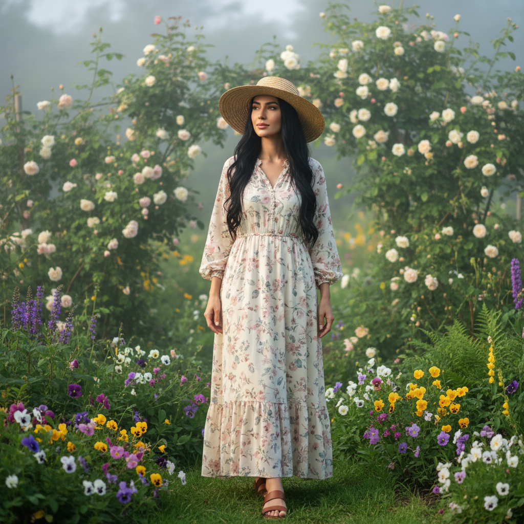 מודל, אישה: לבוש בוהו-שיק, שמלת מקסי פרחונית בהירה, סנדלים שטוחים, כובע קש רחב שוליים; גן ירוק שופע עם פרחים; תאורת בוקר רכה ומפוזרת, אווירה שלווה וטבעית.התמונה תכיל רק אדם אחד.