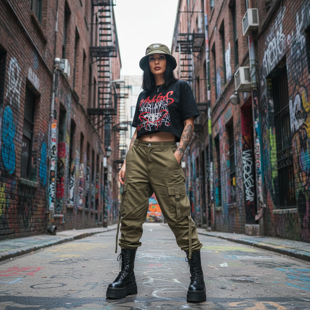 מודל, אישה: לבוש סטריט-וור אורבני, מכנסי קרפגו רחבים זית, קרופ טופ שחור גרפי, מגפונים מסיביים, כובע באקט; סמטה אורבנית צבעונית עם גרפיטי; תאורת יום קודרת, אווירה קשוחה ובועטת.התמונה תכיל רק אדם אחד.