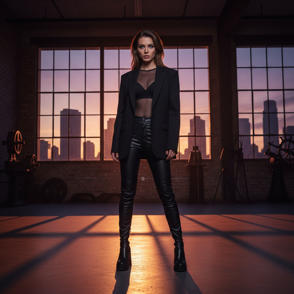 מודל, אישה: לוק אדג'י-מודרני, בלייזר אוברסייז שחור, טופ שקוף, מכנסי עור צמודים, מגפיים גבוהים; לופט תעשייתי, חלונות גדולים; תאורת בין-ערביים דרמטית, אווירה עוצמתית.התמונה תכיל רק אדם אחד.