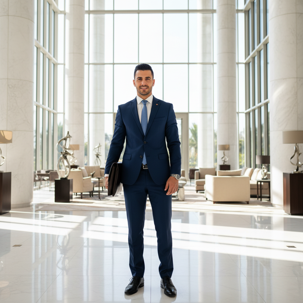 מודל, גבר: לבוש עסקי-מודרני, חליפה מחויטת כחולה כהה, חולצה לבנה, עניבה דקה, נעלי עור מבהיקות; לובי מודרני יוקרתי מזכוכית ושיש; תאורת יום טבעית בוהקת, אווירה בטוחה ומקצועית.התמונה תכיל רק אדם אחד.