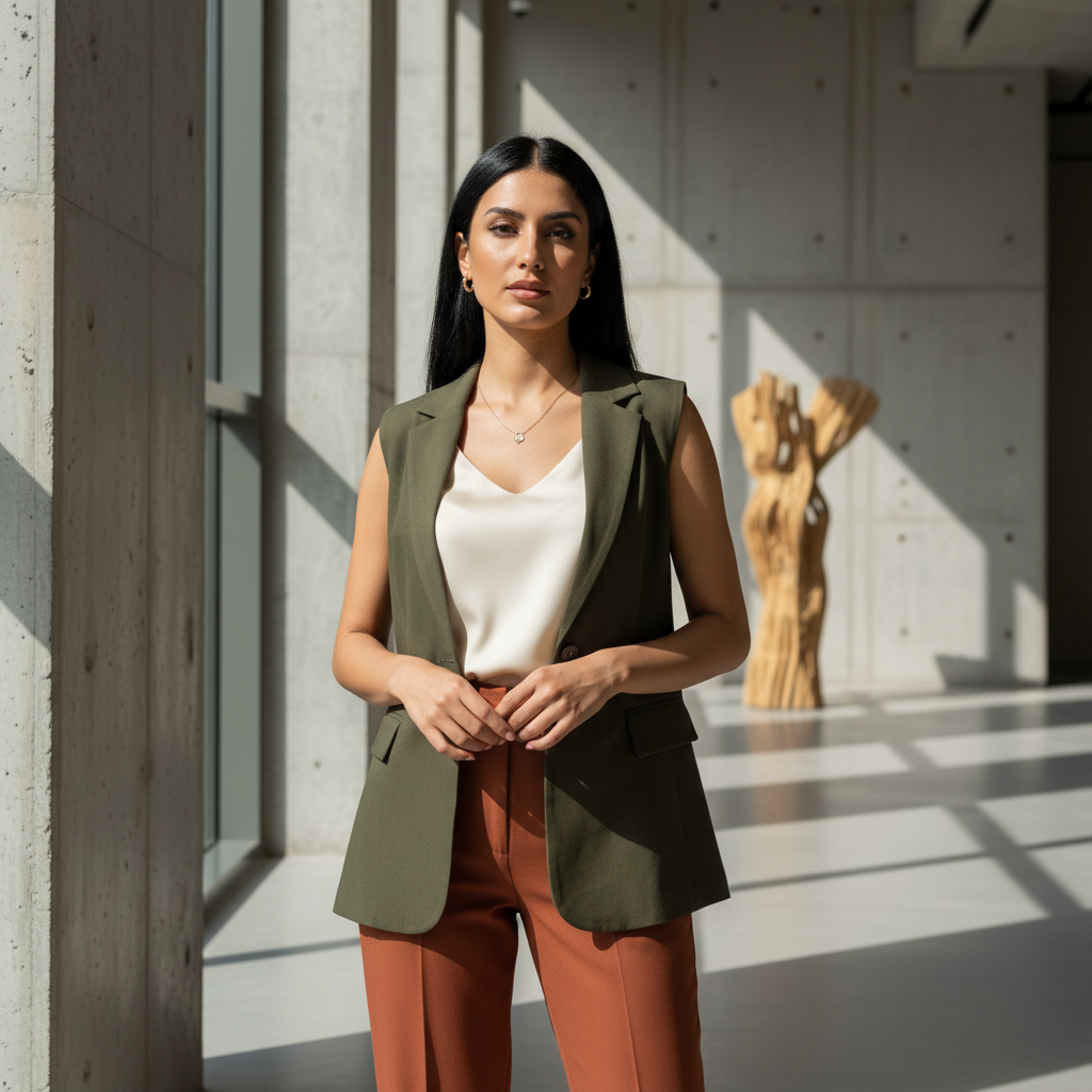 מודל, אישה: לבוש עסקי-אלגנטי, חליפת מכנסיים מחויטת בצבעי אדמה, טופ משי, תכשיטי זהב מינימליסטיים; לוקיישן אורבני יוקרתי, קירות בטון חשופים; תאורת יום טבעית רכה, אווירה מתוחכמת ונקייה.התמונה תכיל רק אדם אחד.