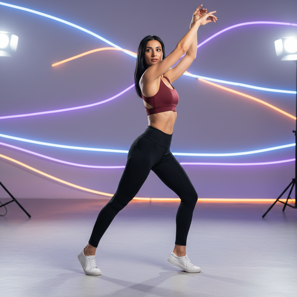 מודל, אישה: לבוש אתלטי-אלגנטי, טייטס שחורים מבד טכני, טופ ספורט קרופ בורדו, סניקרס מינימליסטיות לבנות; סטודיו מודרני עם תאורת לד ניאון עדינה ברקע; תאורת סטודיו בהירה, אווירה דינמית ונקייה.התמונה תכיל רק אדם אחד.