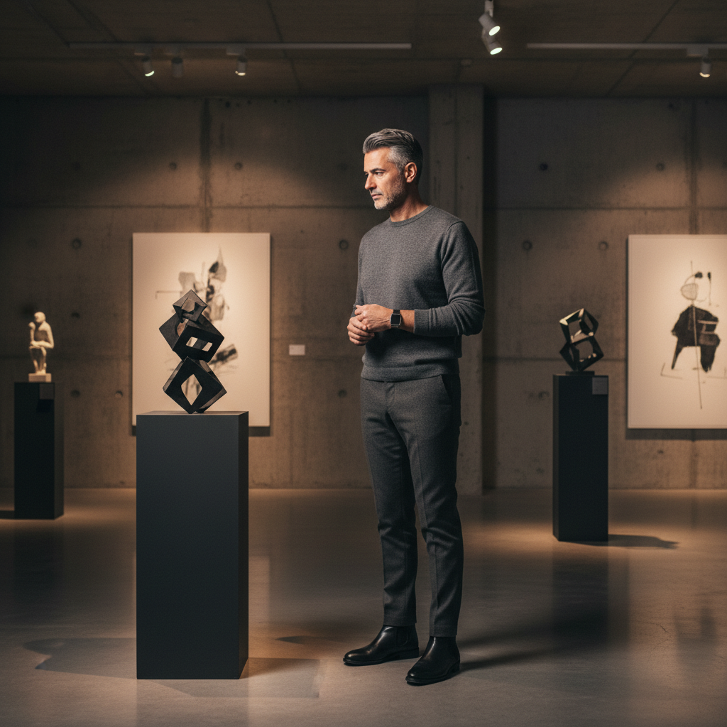 מודל, גבר: לבוש אורבני-שיקי, סריג קשמיר דק בצבע אפור פחם, מכנסי צמר מחויטים בגזרה צרה, מגפי עור שחורים, שעון יד מינימליסטי; גלריה לאמנות מודרנית עם קירות בטון חשופים ותאורה שקועה; תאורת ספוט רכה, אווירה יוקרתית ומהורהרת.התמונה תכיל רק אדם אחד.