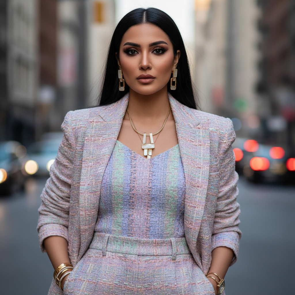 מודל אישה בצילום ביוטי: לבוש מודרני מחוייט מבד עשיר בטקסטורה בגוון פסטל, עם אביזרים גיאומטריים עדינים; רקע אורבני מטושטש, תאורה רכה מפוזרת, אווירה מתוחכמת ועוצמתית.התמונה תכיל רק אדם אחד.