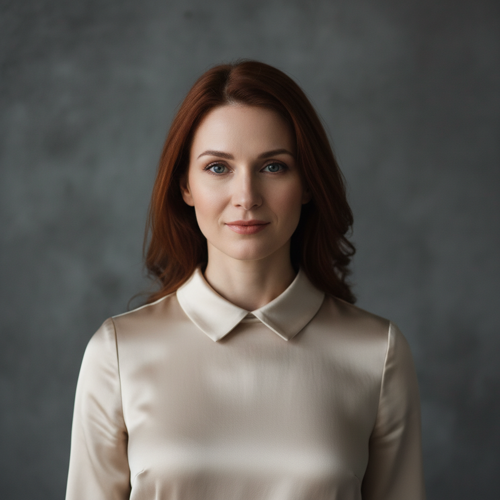 מודל אישה, צילום ביוטי: שמלת סאטן חלקה בגוון שמפניה, צווארון קולר עדין, ללא אביזרים; רקע קיר מיקרו-בטון אפור כהה, תאורת סטודיו רכה עם הדגשת עומק, אווירה יוקרתית ומינימליסטית.התמונה תכיל רק אדם אחד.