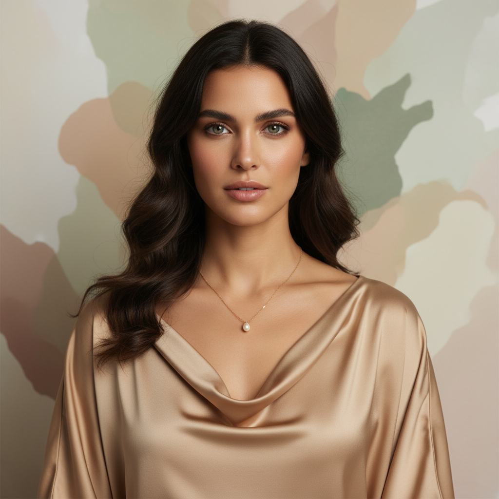 מודל אישה בצילום ביוטי: לבוש אלגנטי מינימליסטי מבד משי או סאטן בגוון אדמה, עם אביזר תכשיט עדין; רקע אמנותי מופשט בגוונים רכים, תאורה מחמיאה וממוקדת, אווירה יוקרתית ושקטה.התמונה תכיל רק אדם אחד.